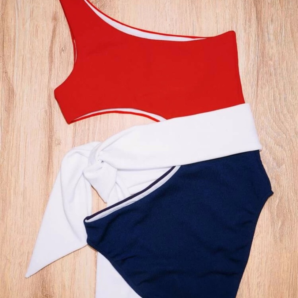 One shoulder, one-piece, cut-out bathing suit